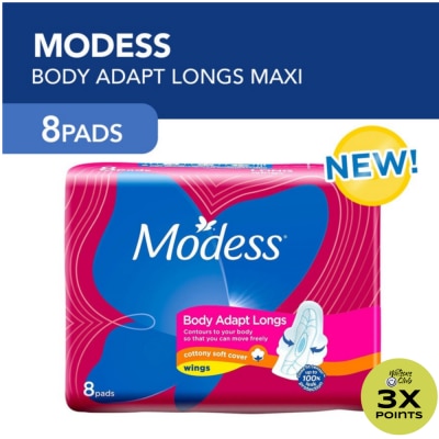 MODESS Modess Long Body Adapt with Wings Sanitary Napkin 8s - Regular Flow, Fast Absorbing vs Leaks