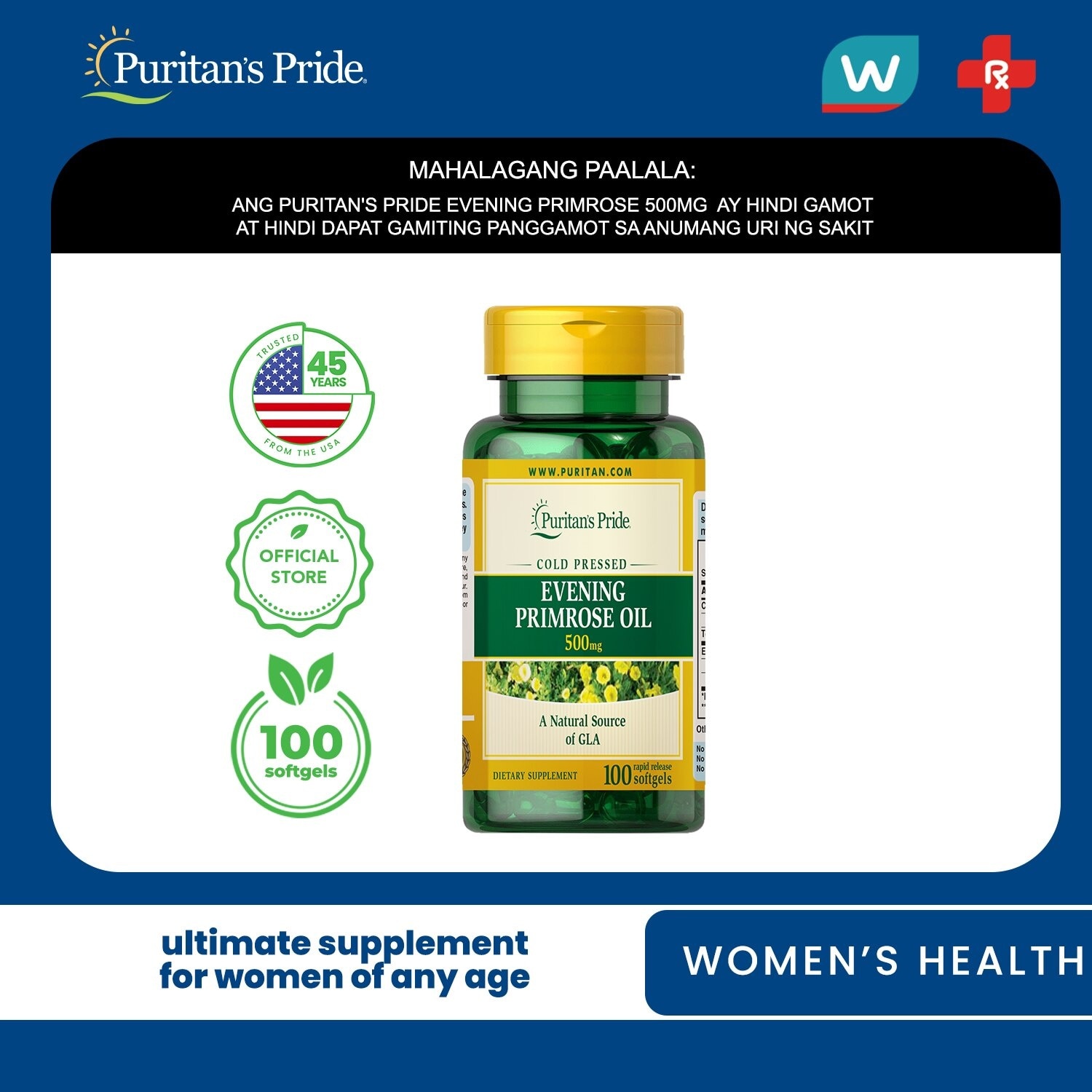 Evening Primrose Oil 500mg 100 softgels Puritan's Pride