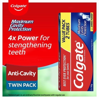 COLGATE Maximum Cavity Protection Great Regular Flavor Anti-Cavity Family Toothpaste 195g Twin Pack