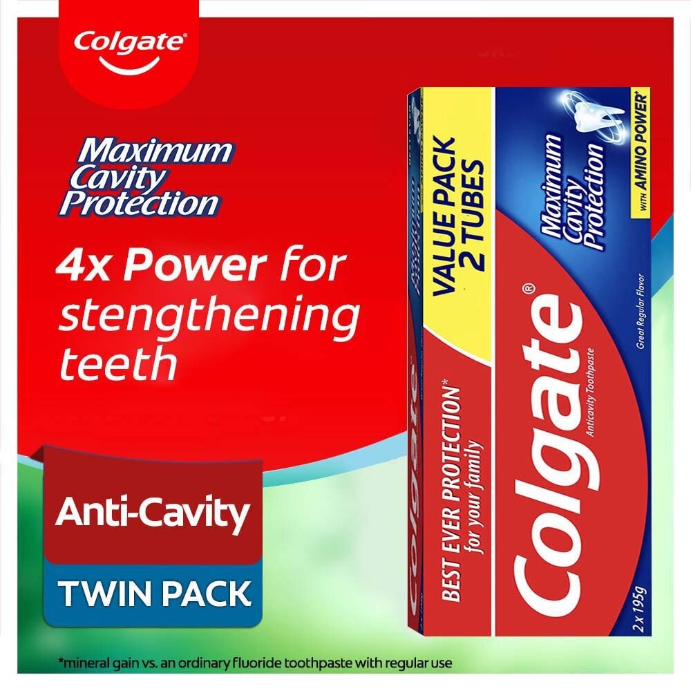 Maximum Cavity Protection Great Regular Flavor Anti-Cavity Family Toothpaste 195g Twin Pack