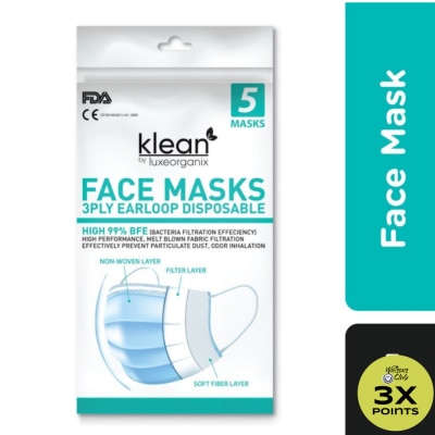 KLEAN Facemasks 3ply Earloop Disposable 5 Masks