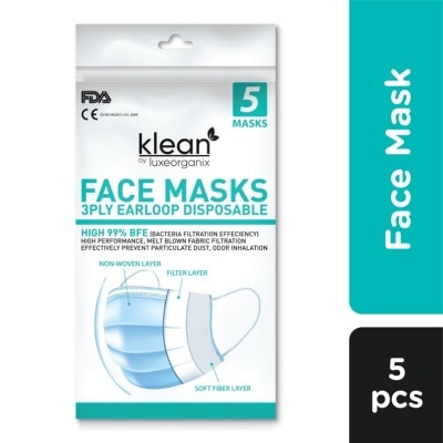 KLEAN Facemasks 3ply Earloop Disposable 5 Masks