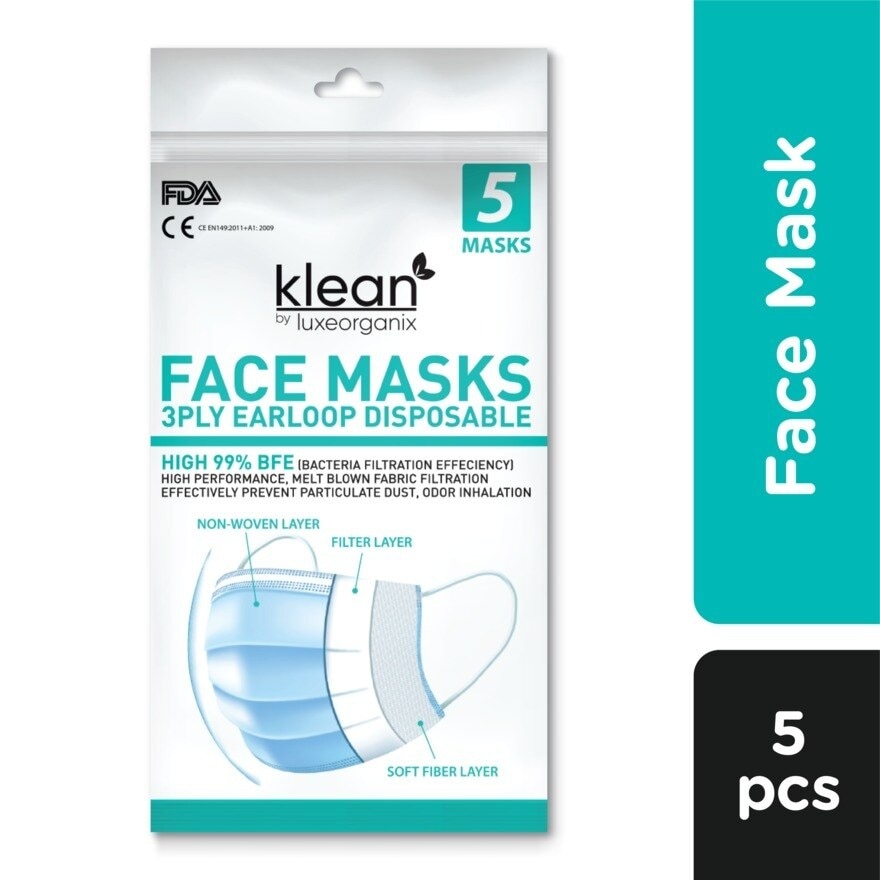 Facemasks 3ply Earloop Disposable 5 Masks