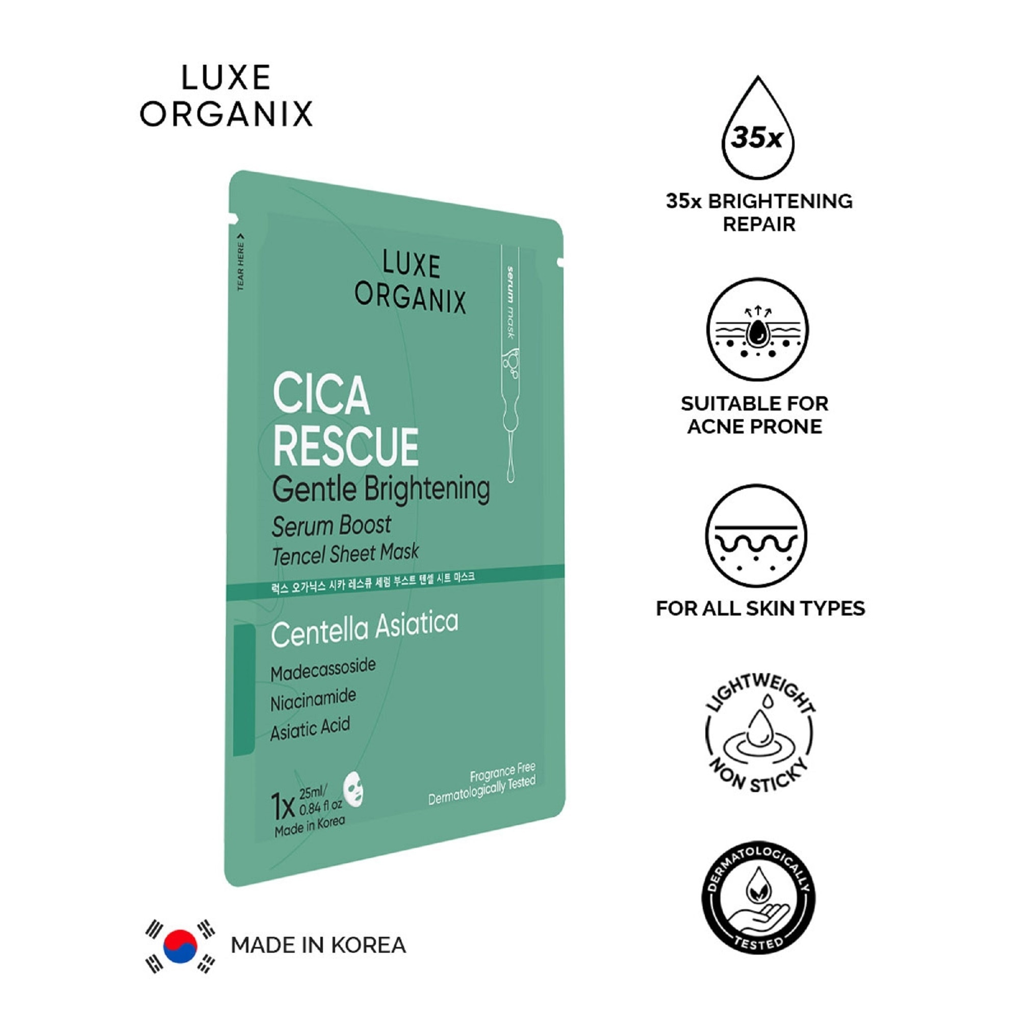 Luxe Organix Cica Brightening Repair Serum Boost Sheet Mask 25ml