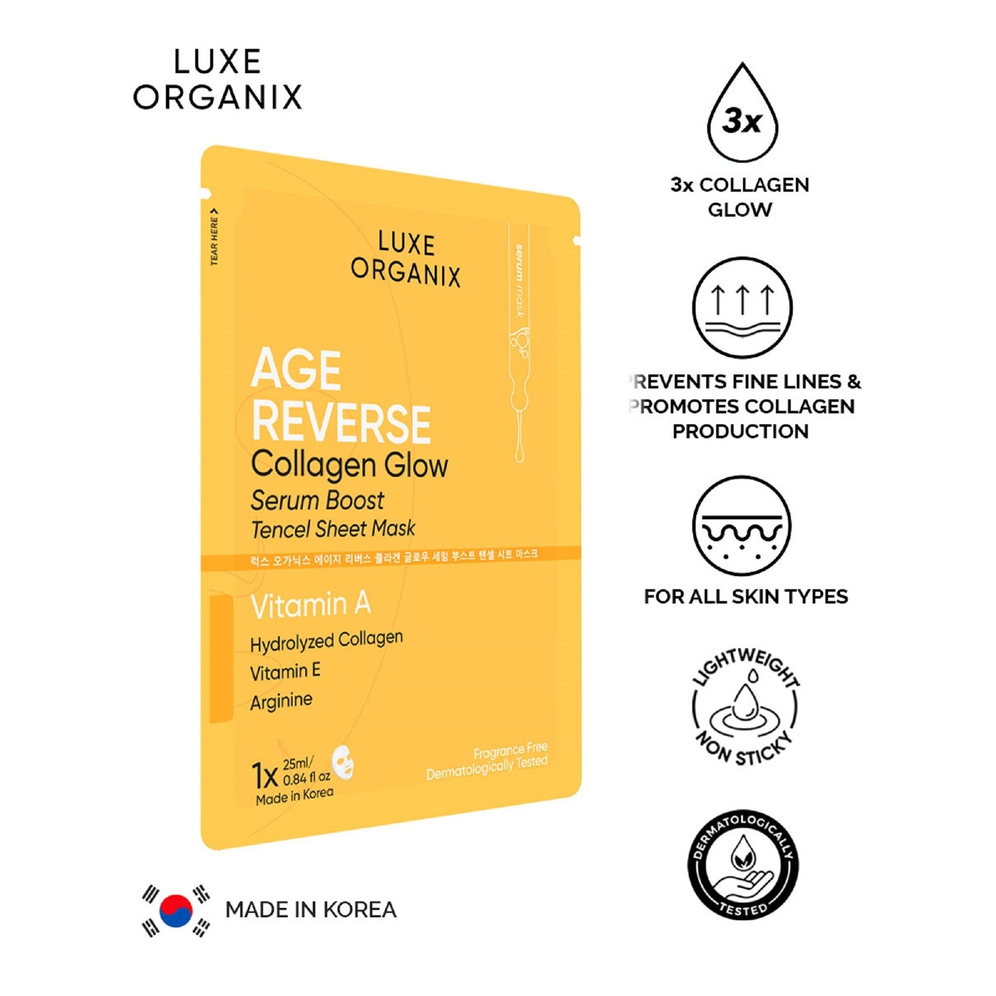 Luxe Organix Age Reverse Collagen Glow Serum Boost Tencel Sheet Mask 25ml