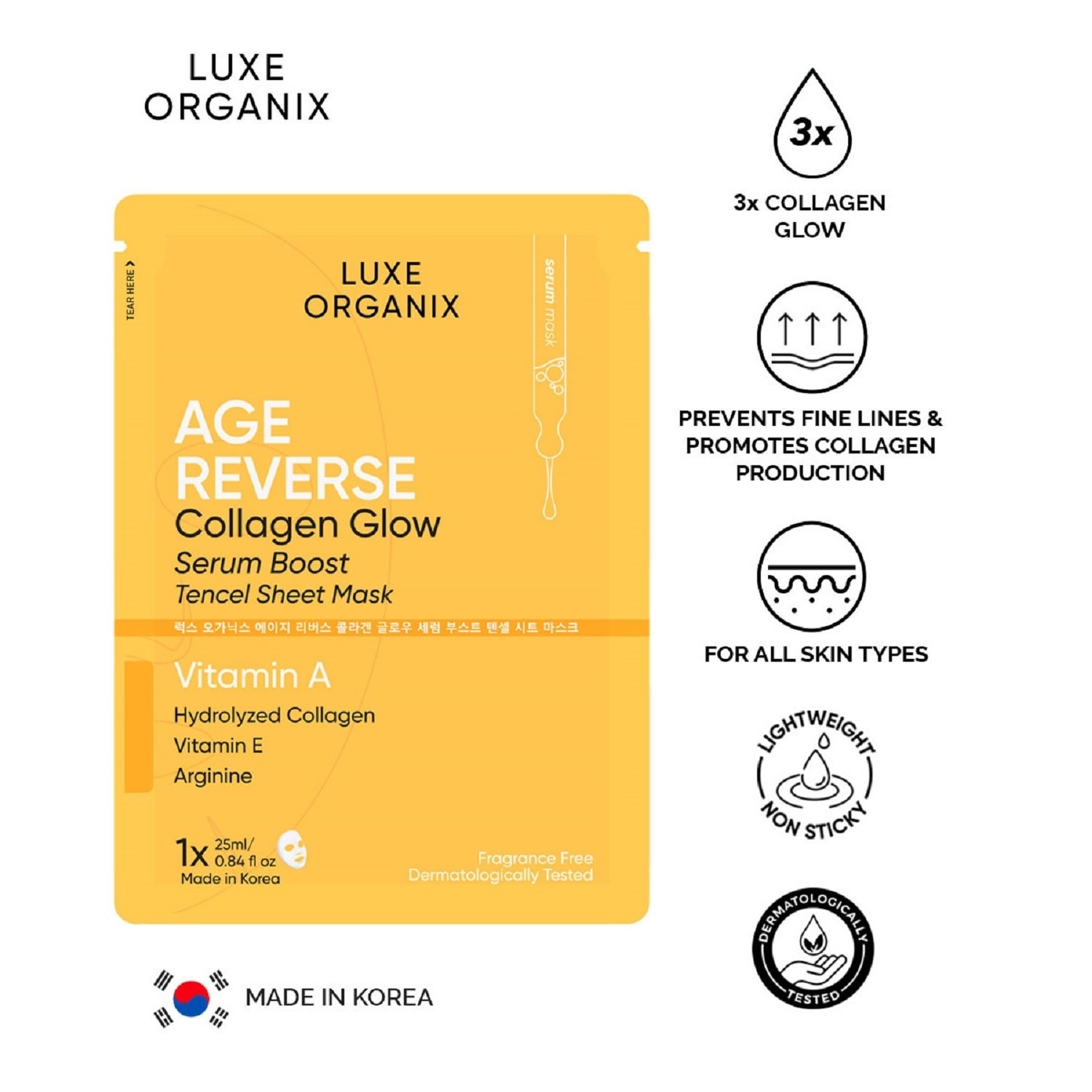 Luxe Organix Age Reverse Collagen Glow Serum Boost Tencel Sheet Mask 25ml