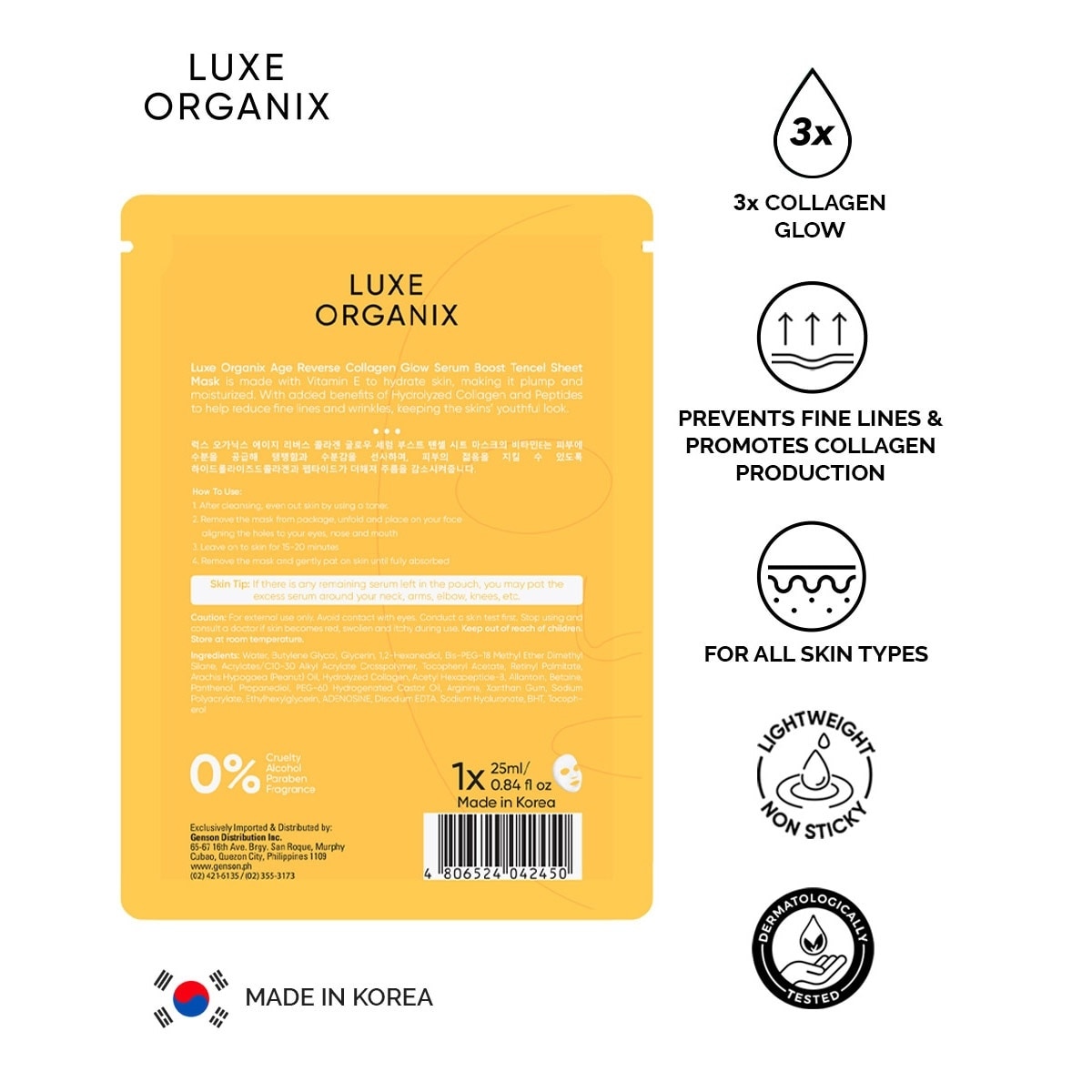 Luxe Organix Age Reverse Collagen Glow Serum Boost Tencel Sheet Mask 25ml