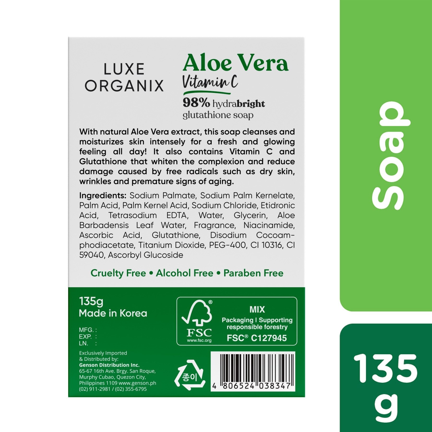 Luxe Organix 98% Aloe Vera Vitamin C Hydrabright Glutathione Soap 135g