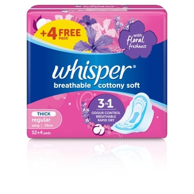 WHISPER Breathable Cottony Soft Thick Regular Wing 32 + 4 free pads