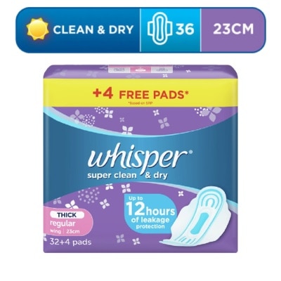 WHISPER Super Clean & Dry Day Regular Wing 32 + 4 free pads