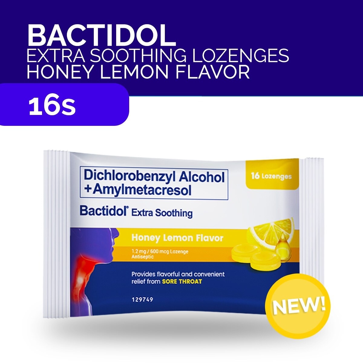 Bactidol Extra Soothing Honey Lemon Lozenge 16pcs for On-The-Go, Sore Throat, Itchy Throat