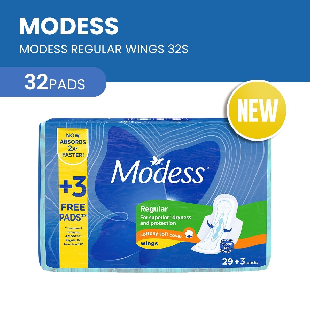 Modess Regular Cottony Soft with Wings Sanitary Napkins 32s - Regular Flow, Fast Absorbing vs Leaks