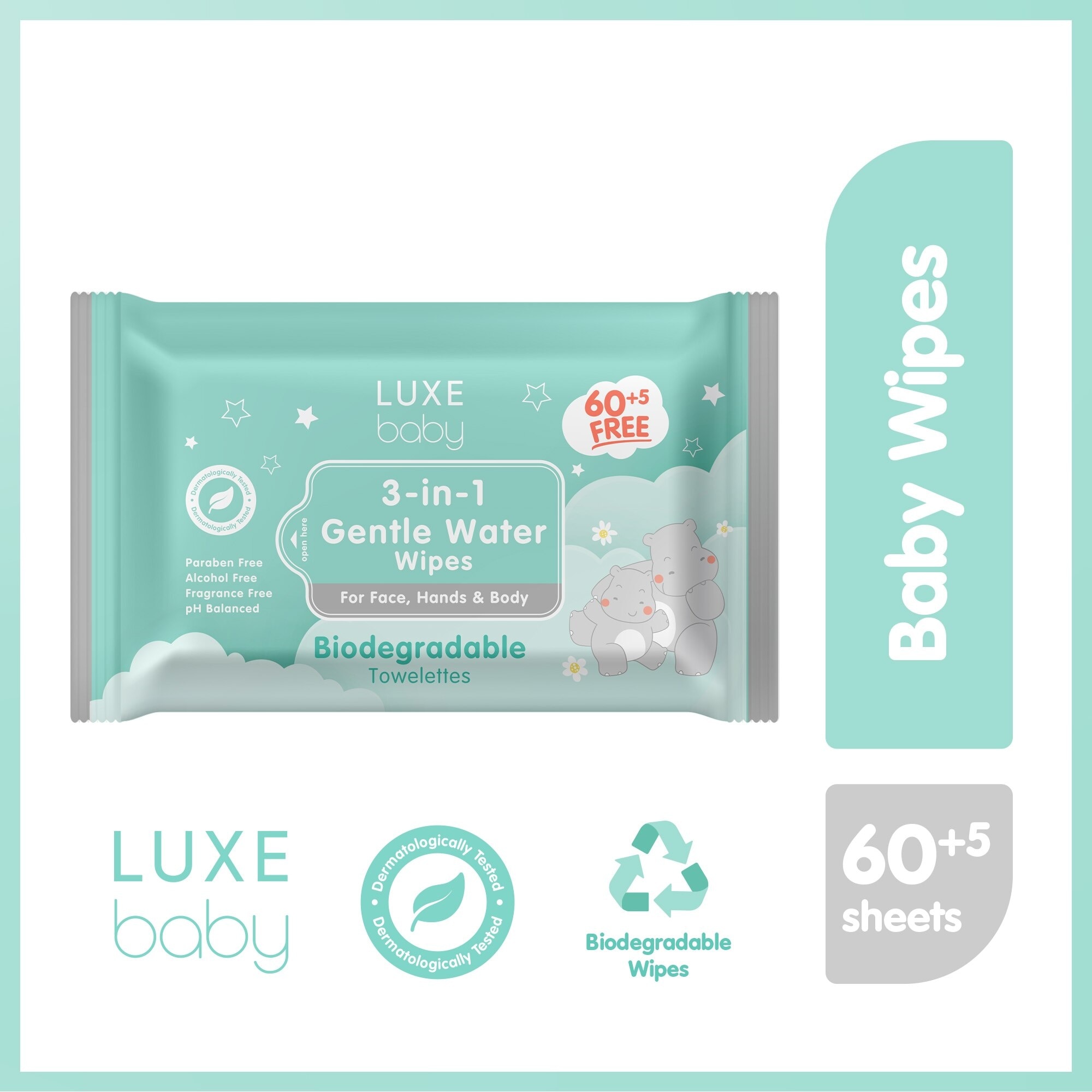 Luxe Baby 3-In-1 Face, Hand, Body Gentle Wipes 65s