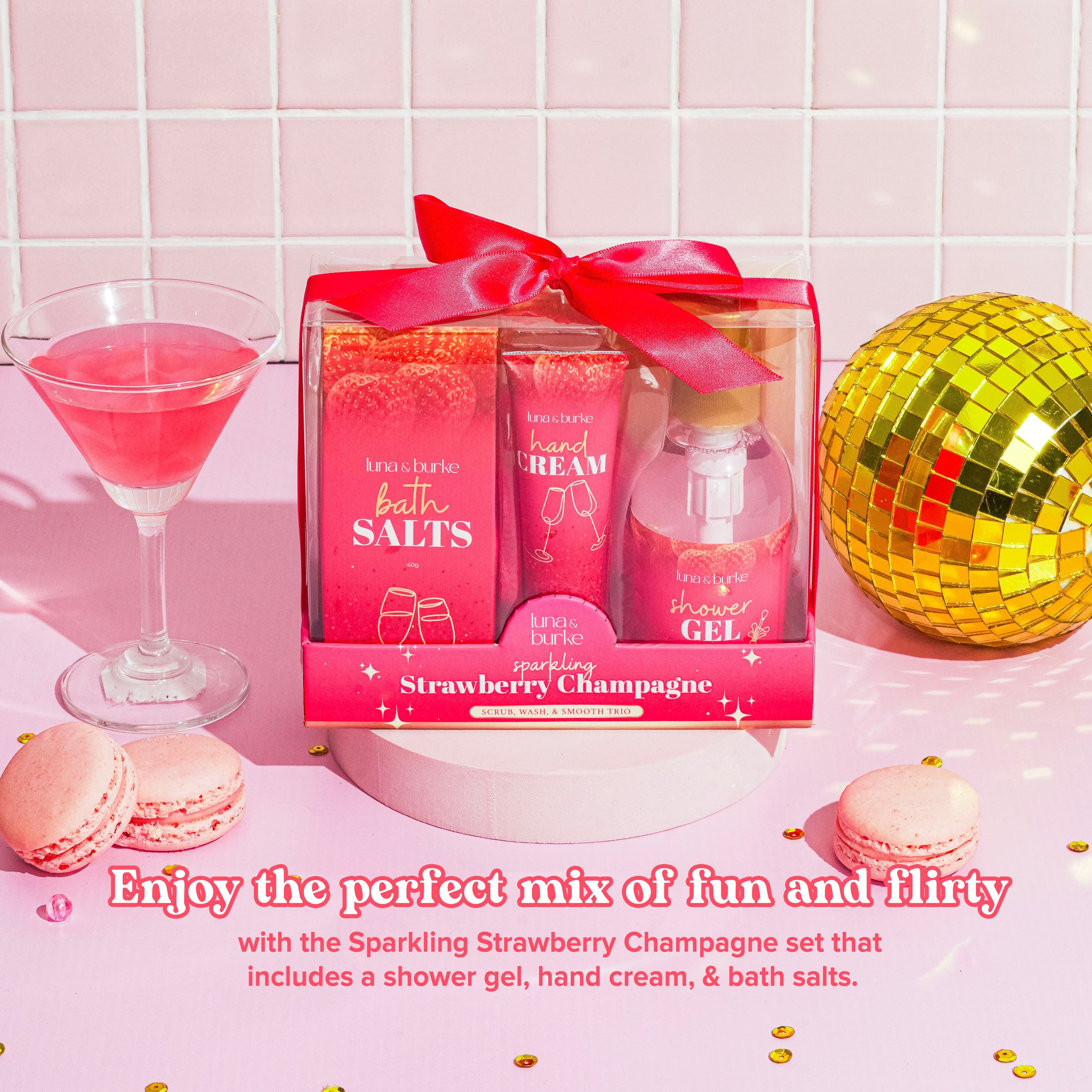 LUNA & BURKE Sparkling Strawberry Champagne Shower Gel 140ml and Bath Salt 40g Plus Hand Cream 30g