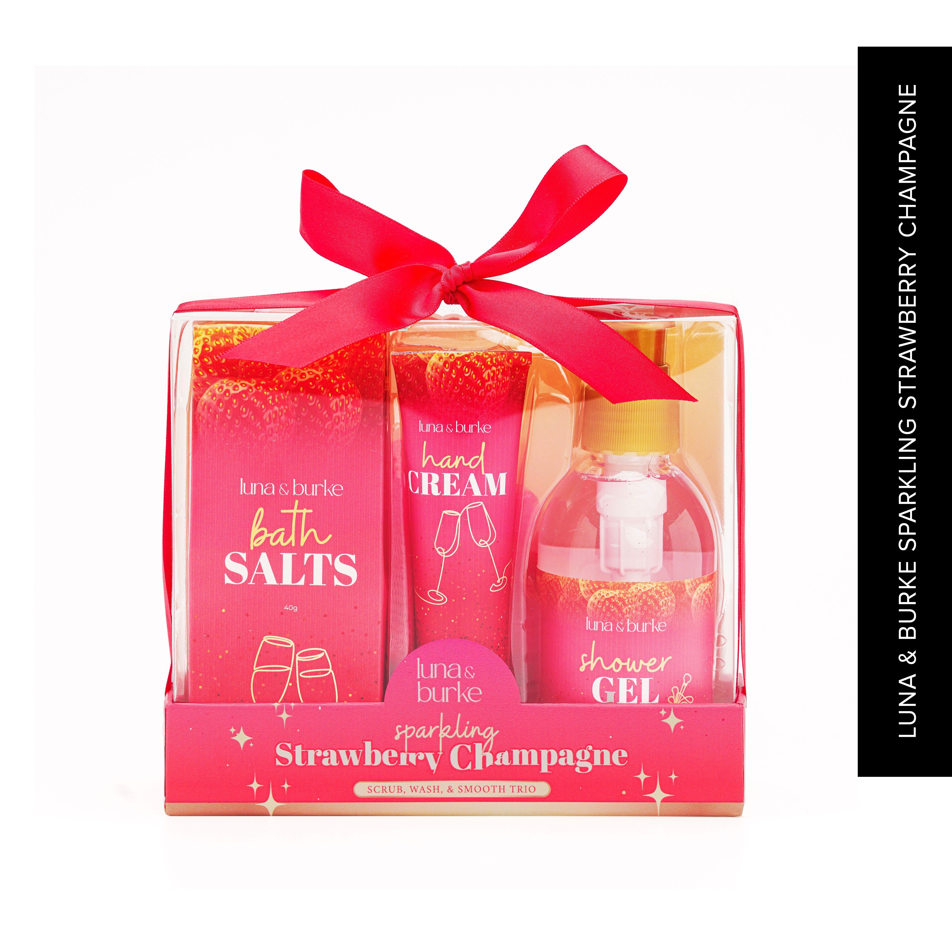 LUNA & BURKE Sparkling Strawberry Champagne Shower Gel 140ml and Bath Salt 40g Plus Hand Cream 30g