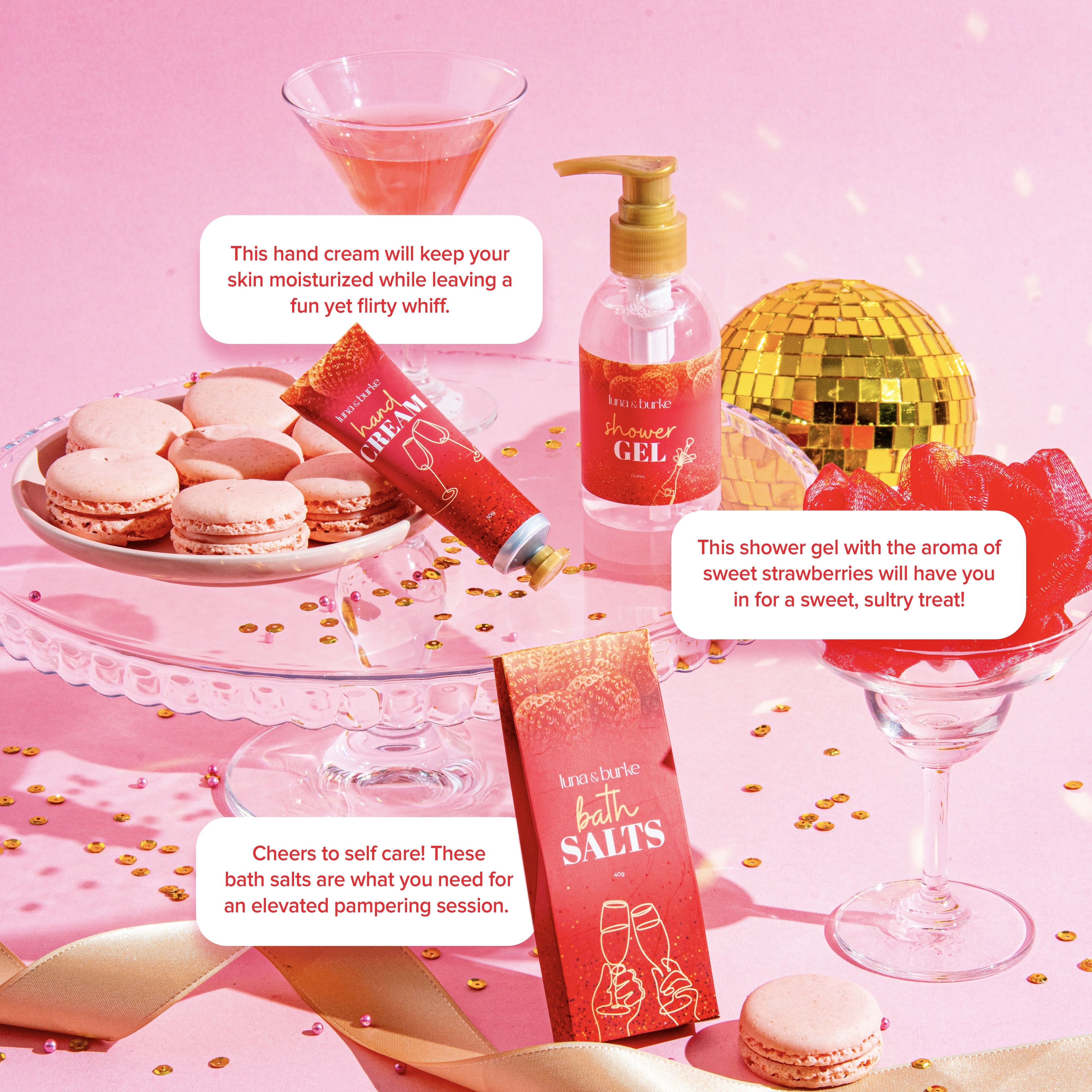 LUNA & BURKE Sparkling Strawberry Champagne Shower Gel 140ml and Bath Salt 40g Plus Hand Cream 30g