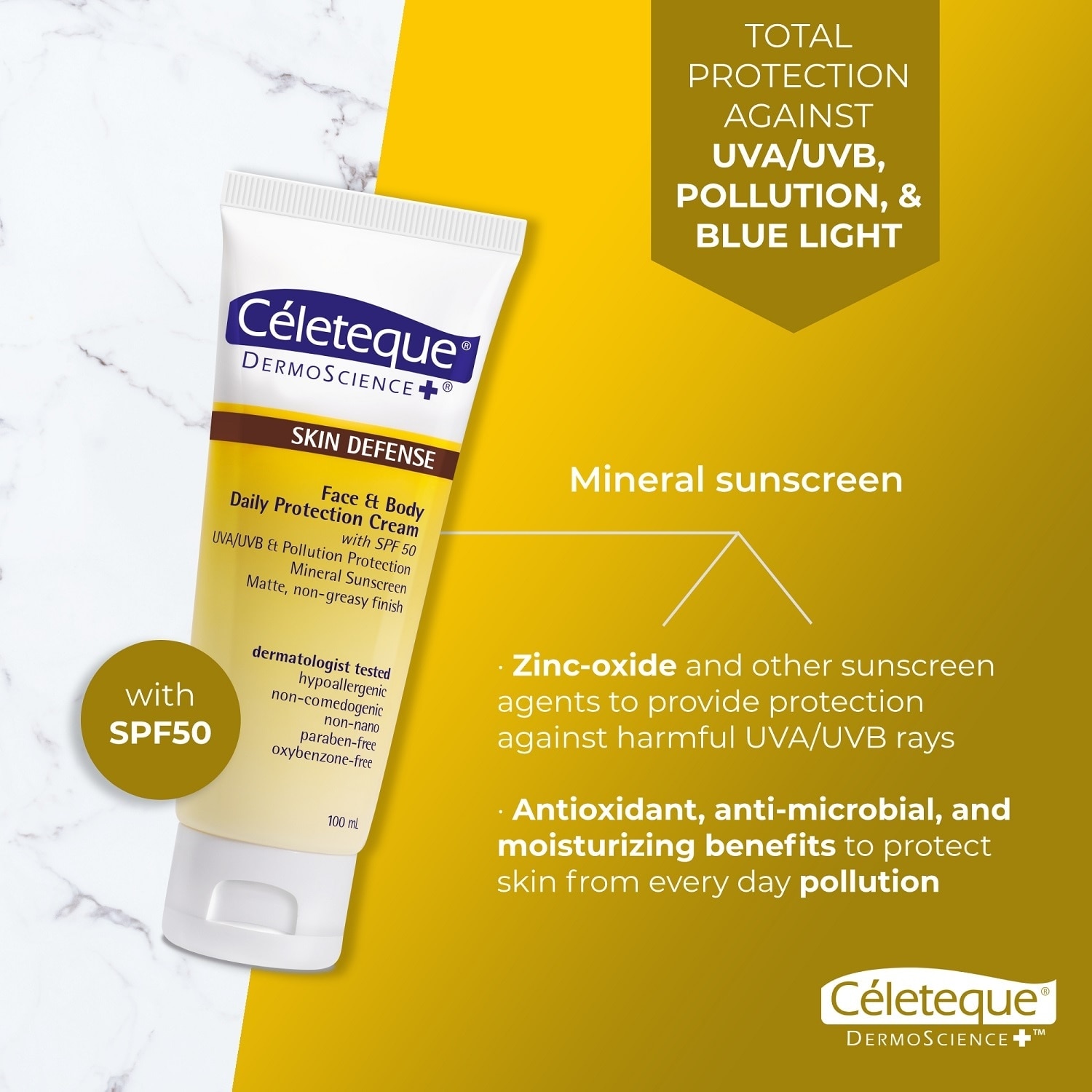 CELETEQUE Skin Defense Face and Body Daily Protection Cream SPF 50 100ML