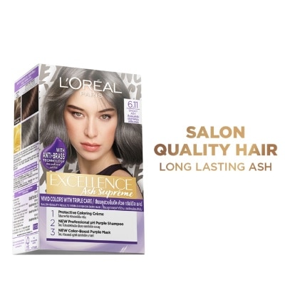 LOREAL Excellence Ash Supreme Hair Color - 6.11 Smoky Ash with Anti Brass Purple Shampoo