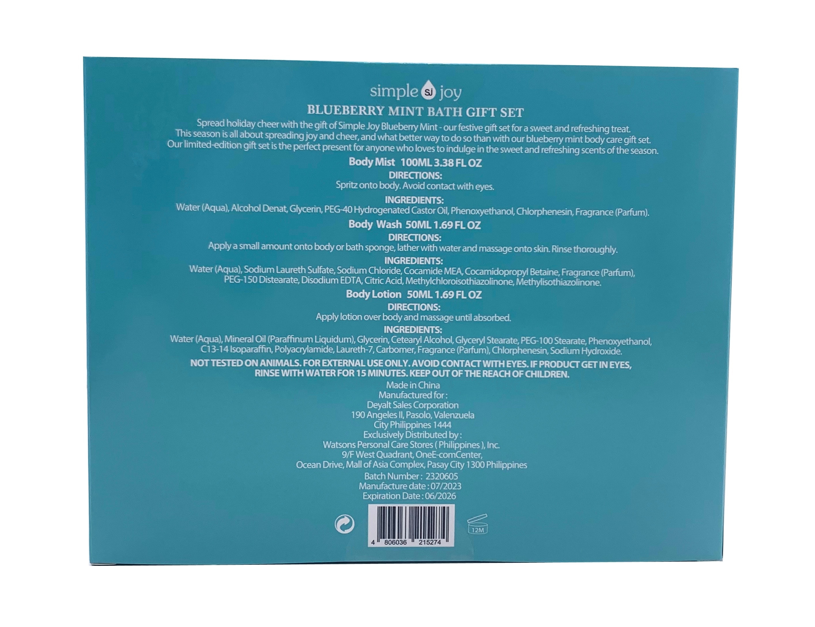 SIMPLE JOY Blueberry Mint Body Mist 100ml + Body Wash 50ml + Body Lotion 50ml