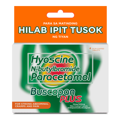 BUSCOPAN Plus Hyoscine + N-butylbromide + Paracetamol 10mg/500mg 4 Film-Coated Tablets