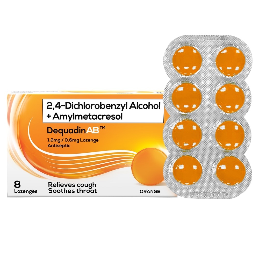 AB 2,4-Dichlorobenzyl Alcohol + Amylmetacresol 1.2mg/0.6mg 8 Lozenges - Orange