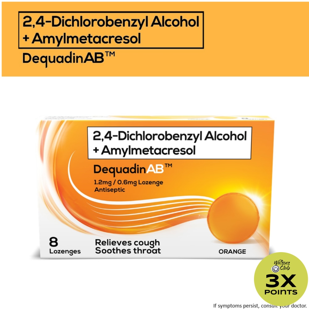 AB 2,4-Dichlorobenzyl Alcohol + Amylmetacresol 1.2mg/0.6mg 8 Lozenges - Orange