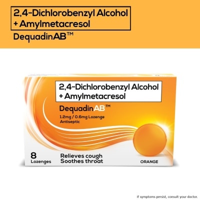 DEQUADIN AB 2,4-Dichlorobenzyl Alcohol + Amylmetacresol 1.2mg/0.6mg 8 Lozenges - Orange