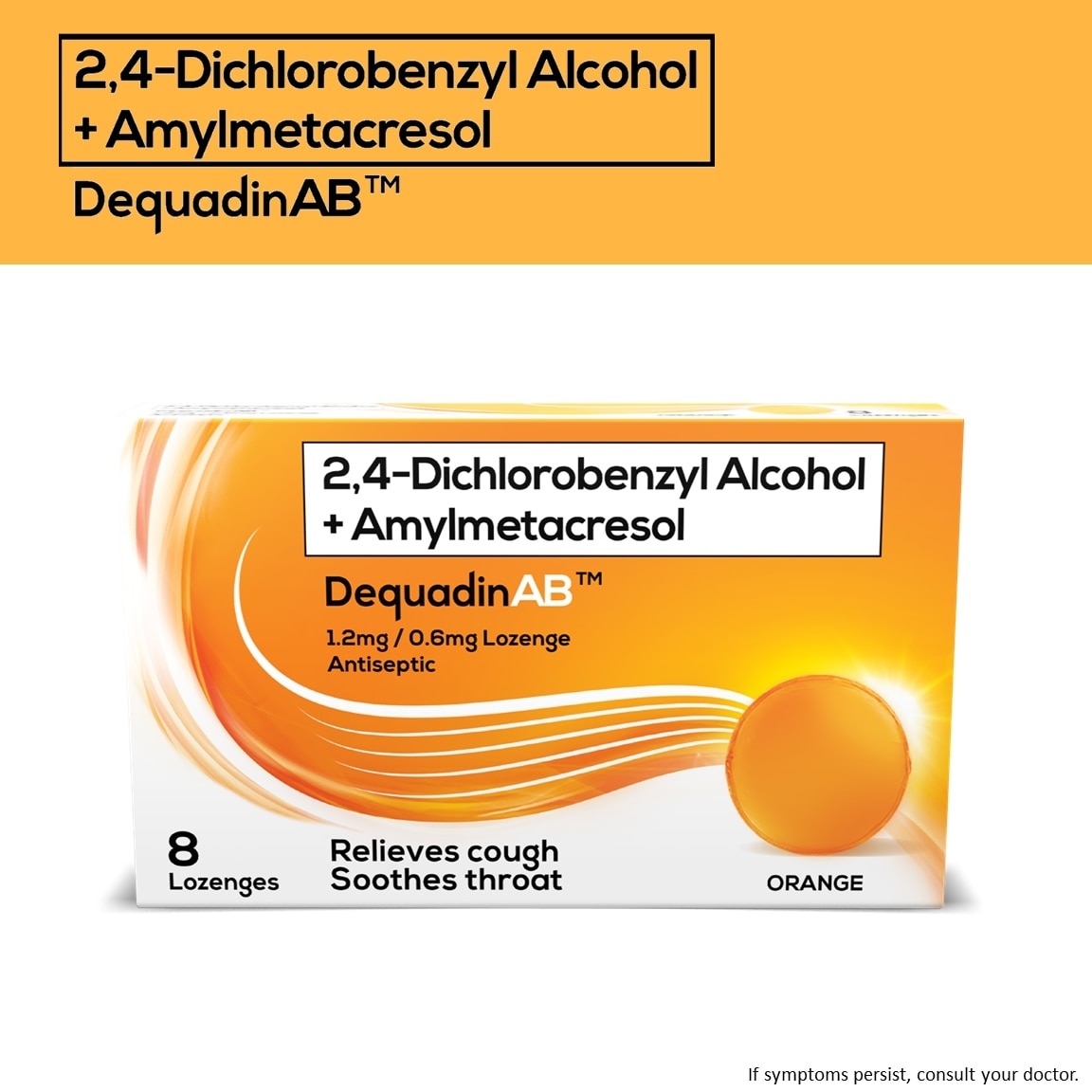 AB 2,4-Dichlorobenzyl Alcohol + Amylmetacresol 1.2mg/0.6mg 8 Lozenges - Orange