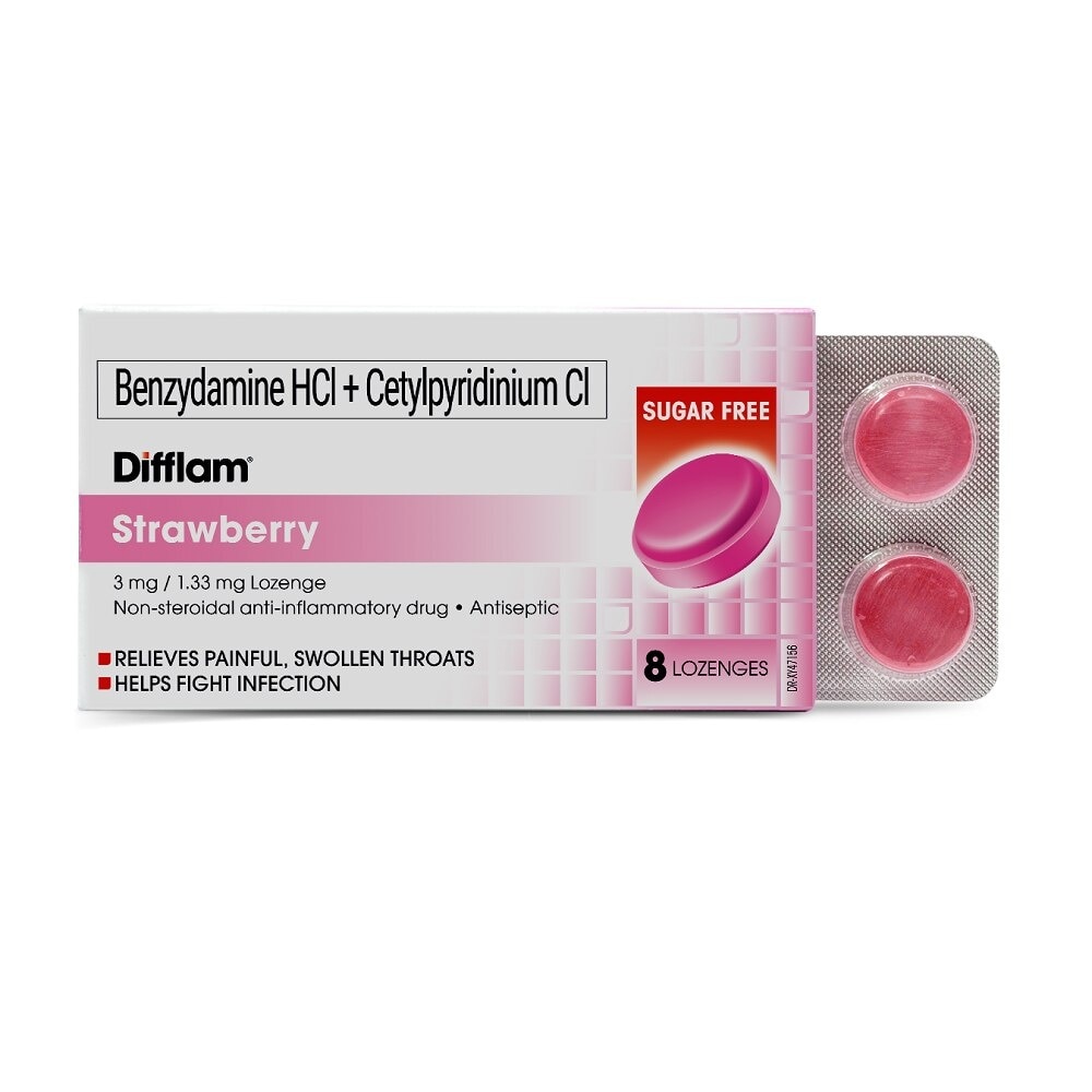 Benzydamine HCI + Cetylpyridinium Cl 3mg/1.33 mg 8 Lozenges - Strawberry