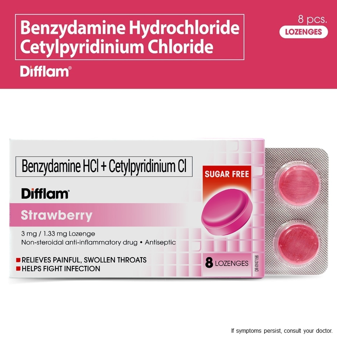 Benzydamine HCI + Cetylpyridinium Cl 3mg/1.33 mg 8 Lozenges - Strawberry