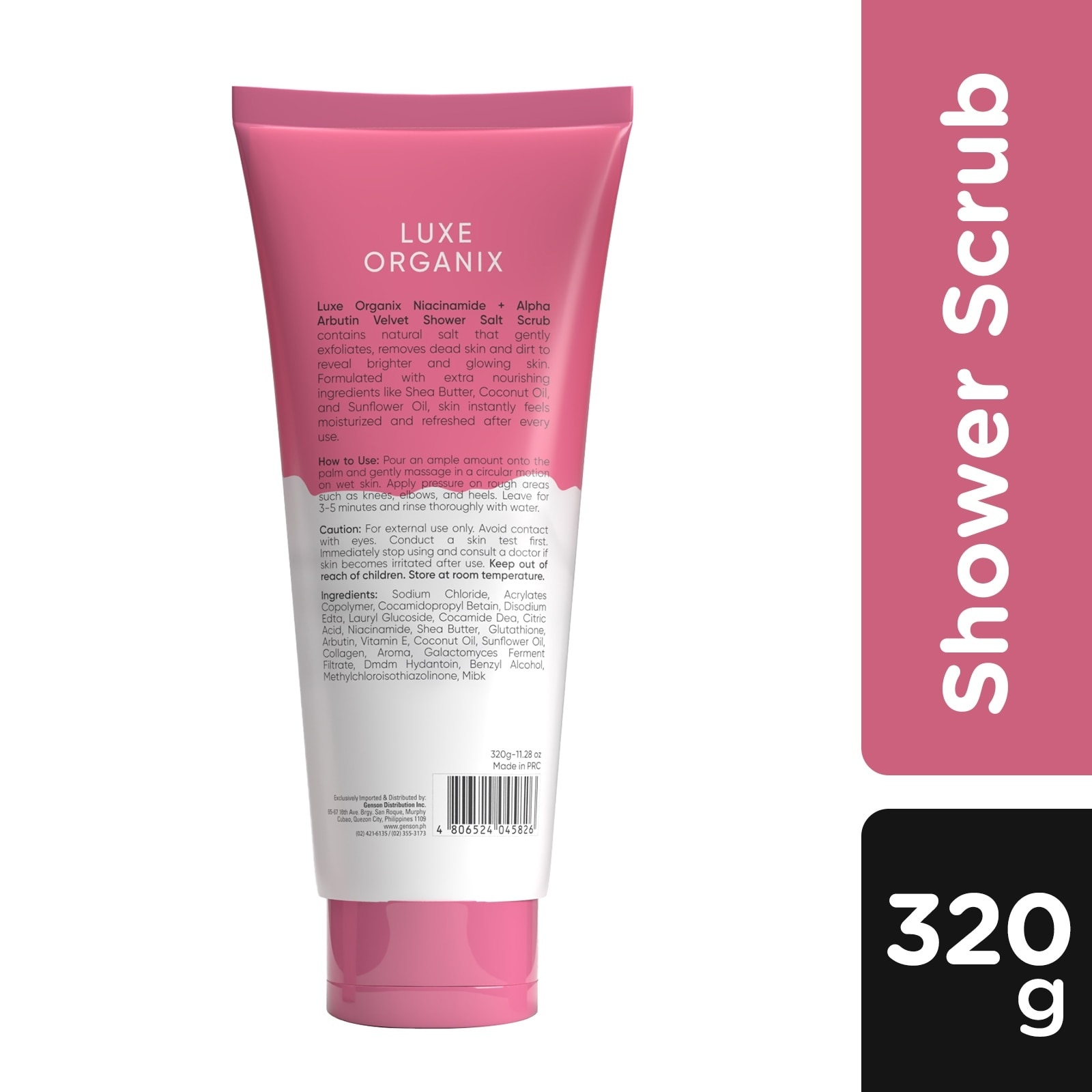 LUXE ORGANIX Niacinamide + Alpha Arbutin Velvet Shower Salt Scrub 320g