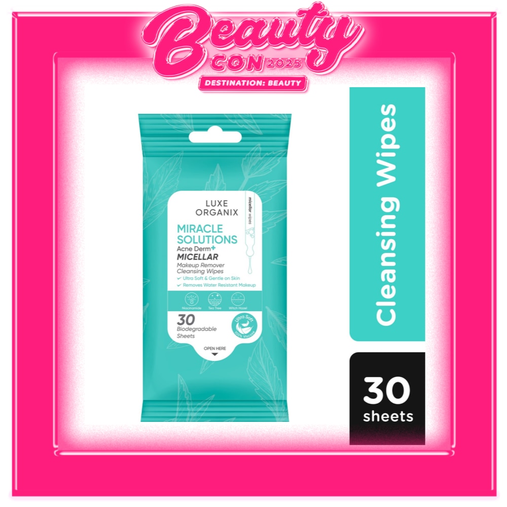 LUXE ORGANIX Miracle Solutions Acne Derm+Micellar Make Up Remover Cleansing Wipes 30s