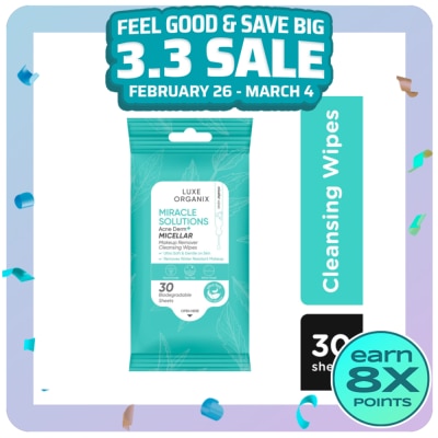 LUXE ORGANIX LUXE ORGANIX Miracle Solutions Acne Derm+Micellar Make Up Remover Cleansing Wipes 30s