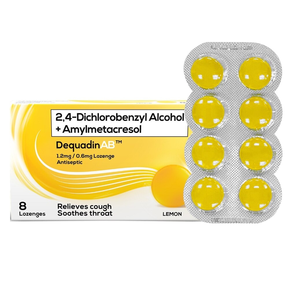 AB 2,4-Dichlorobenzyl Alcohol + Amylmetacresol 1.2mg/0.6mg 8 Lozenges - Lemon