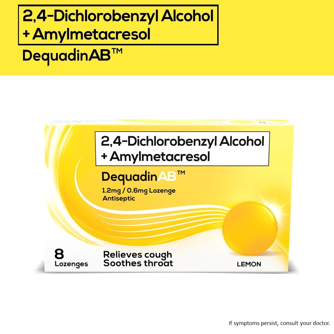 AB 2,4-Dichlorobenzyl Alcohol + Amylmetacresol 1.2mg/0.6mg 8 Lozenges - Lemon