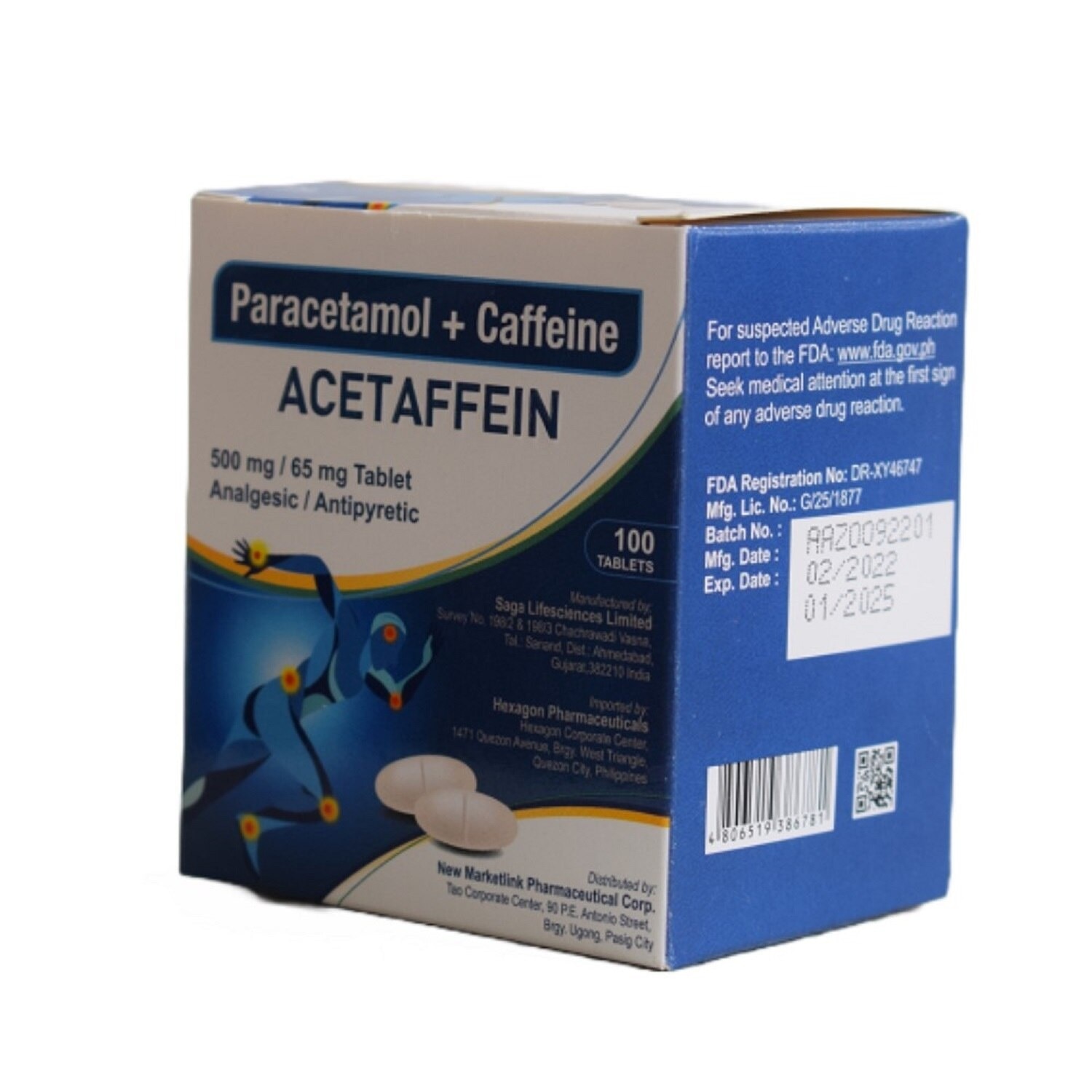 Paracetamol + Caffeine 500mg/65mg 1s (sold per piece)