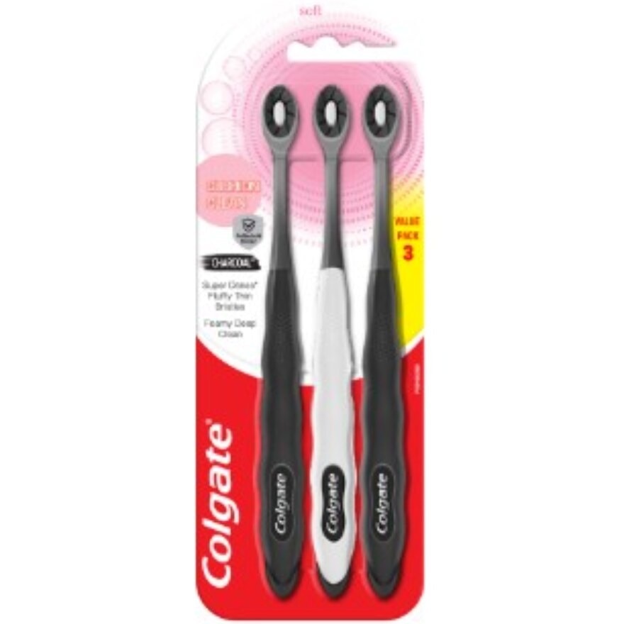 Colgate Cushion Clean Charcoal Toothbrush 3Pk (Soft)