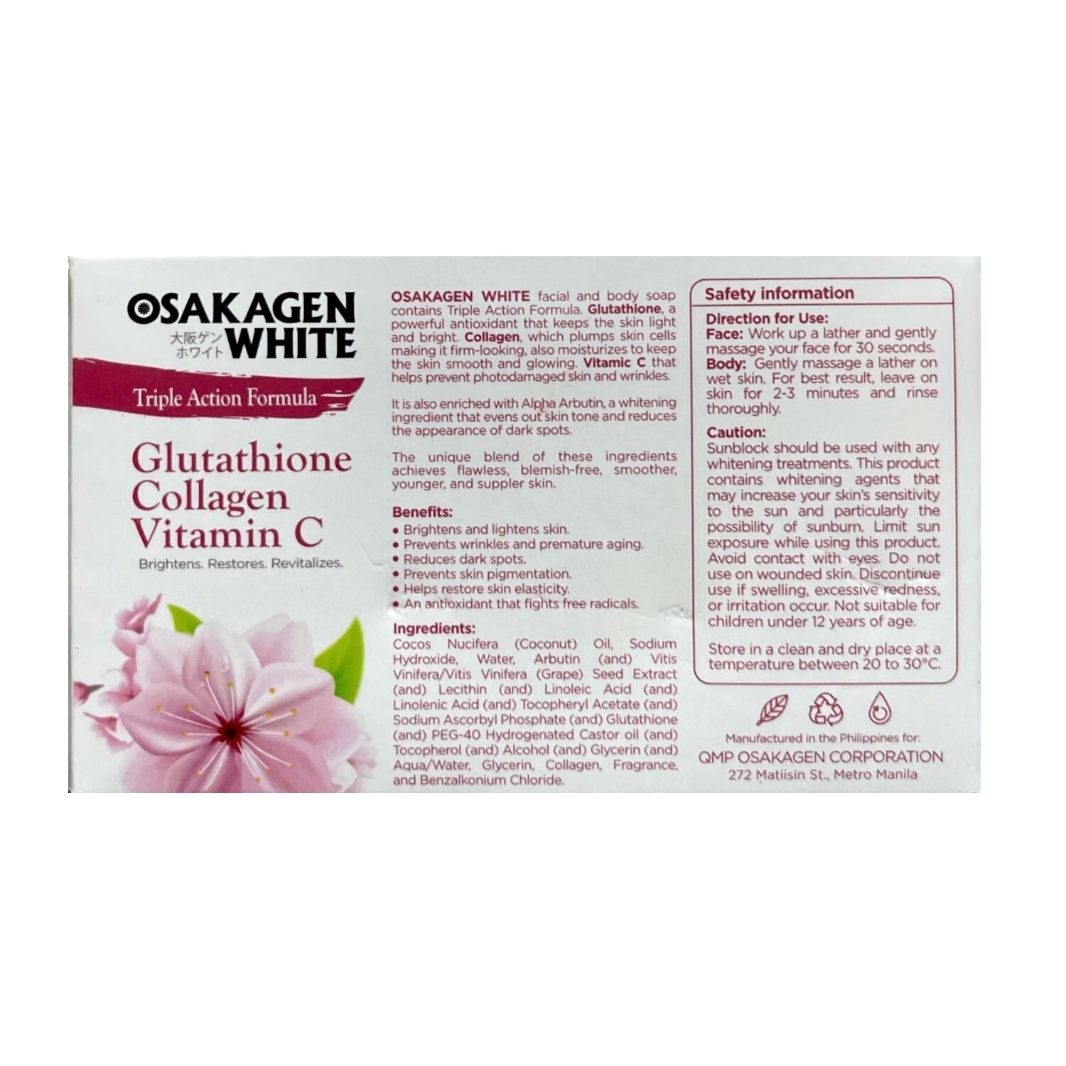 White Triple Action Formula Glutathione Collagen Vitamin Face and Body Soap 135g