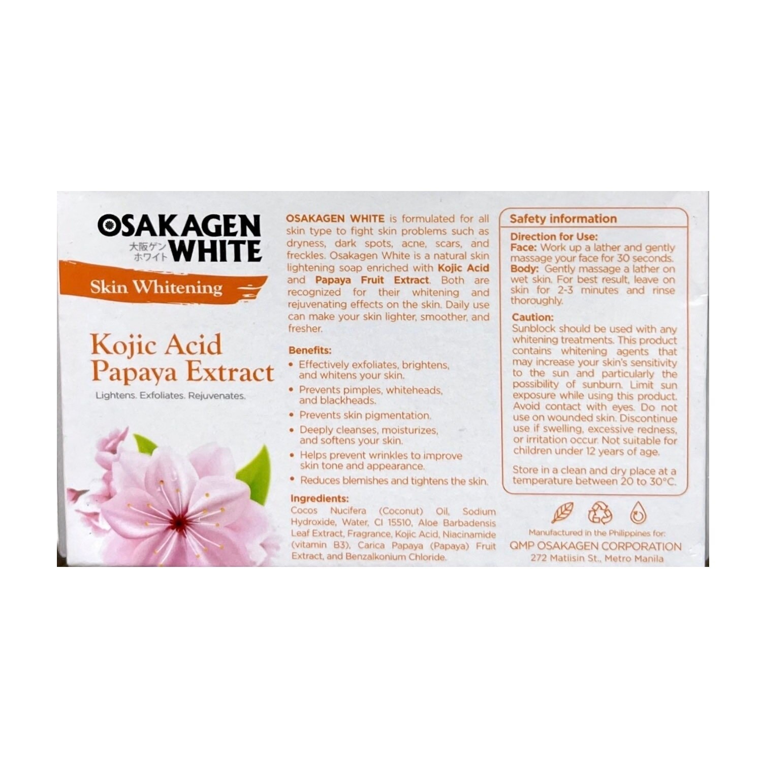 White Skin Whitening Kojic Acid Papaya Extract Face and Body Soap 135g