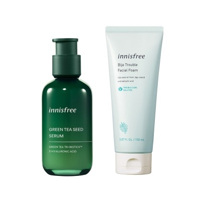 INNISFREE Green Tea Seed Serum 80ml + Bija Trouble Facial Foam 150g Bundle