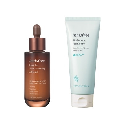 INNISFREE Black Tea Youth Enhancing Ampoule 50ml + Bija Trouble Facial Foam 150g Bundle