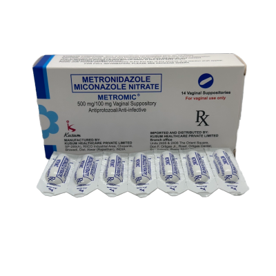 METROMIC Metronidazole Miconazole Nitrate 500 mg/100 mg Vaginal Suppository Antiprotozoal/ Anti-infective (sold per piece) [PRESCRIPTION REQUIRED]