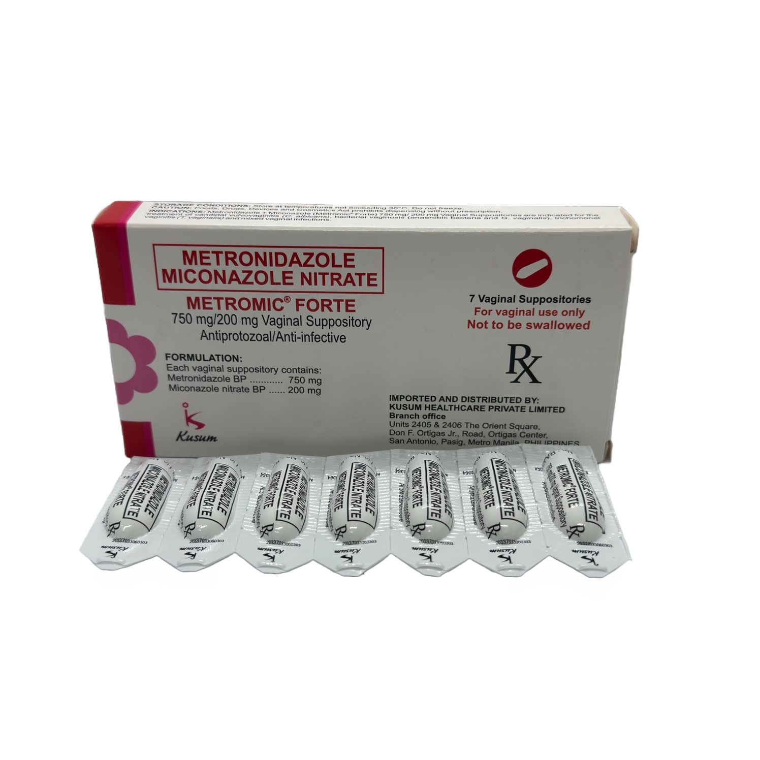 Forte Metronidazole Miconazole Nitrate 750 mg/200 mg Vaginal Suppository Antiprotozal/ Anti-infective (sold per piece) [PRESCRIPTION REQUIRED]