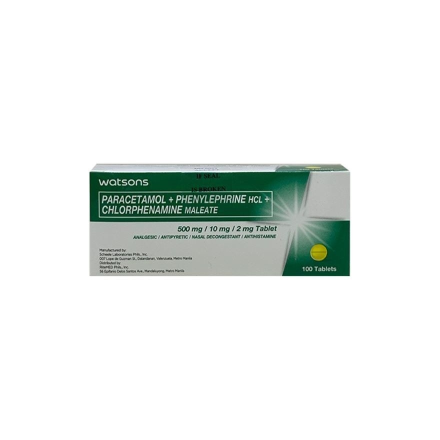 WATSONS GENERICS Paracetamol + Phenylephrine Hydrochloride + Chlorphenamine Maleate 500mg/10mg/2mg Sold Per Piece (Expiry: March 29, 2026)