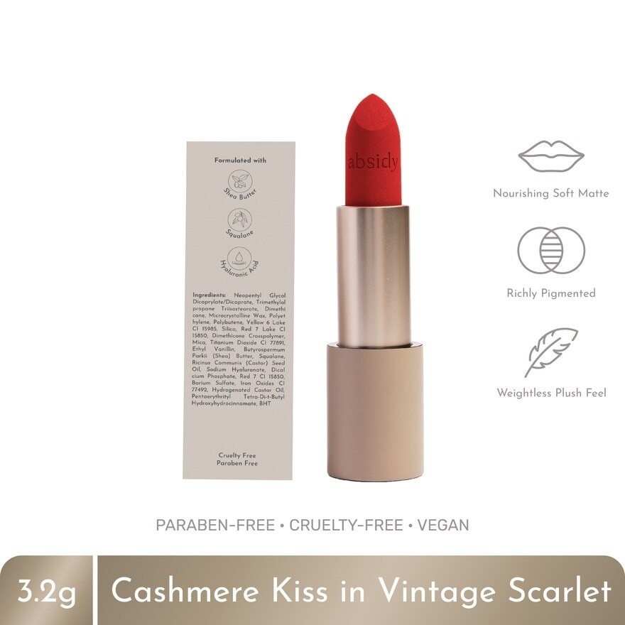 ABSIDY Cashmere Kiss Matte Lipstick Vintage Scarlet 3.2 g