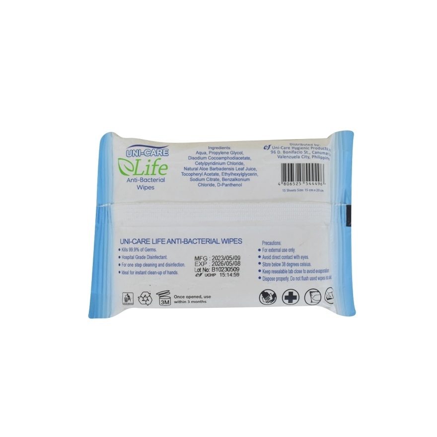 UNI-CARE Life Anti-Bacterial Wipes 15's