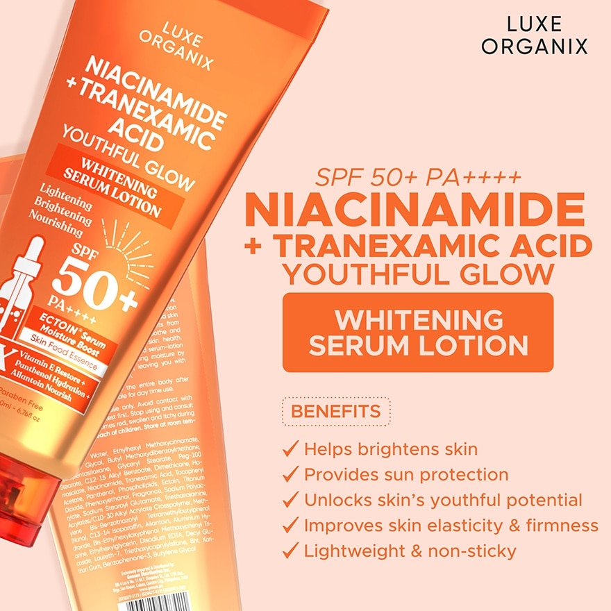 LUXE ORGANIX Niacinamide + Tranexamic Acid Youthful Glow Whitening Serum Lotion SPF 50 Pa++++ 200ml