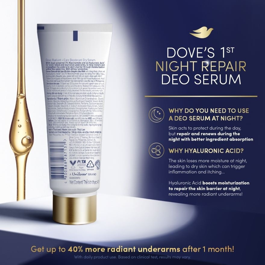 Dove Radiant + Care Deodorant Dry Serum 3% Niacinamide x4 Hyaluronic Acid Night Repair 40ml