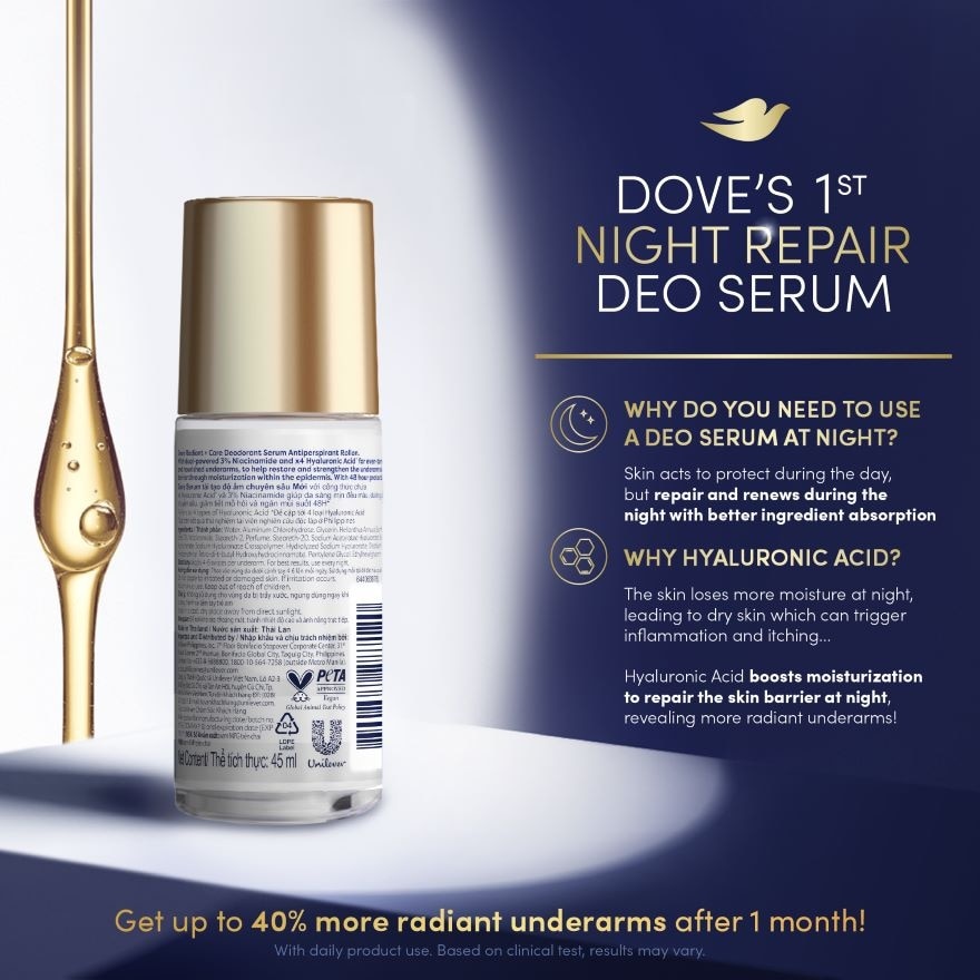 Dove Radiant + Care Deodorant Serum Roll On 3% Niacinamide x4 Hyaluronic Acid Night Repair 45ml