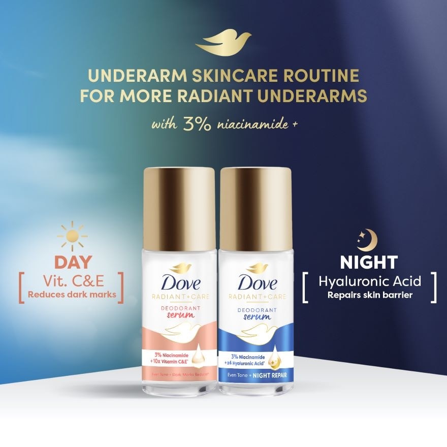 Dove Radiant + Care Deodorant Serum Roll On 3% Niacinamide x4 Hyaluronic Acid Night Repair 45ml